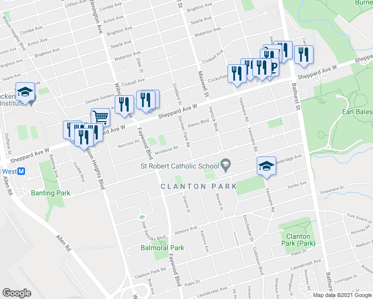 map of restaurants, bars, coffee shops, grocery stores, and more near 90 Gorman Park Road in Toronto