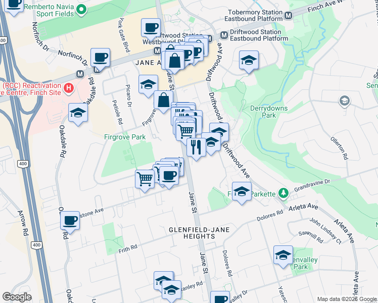 map of restaurants, bars, coffee shops, grocery stores, and more near 2825 Jane Street in Toronto