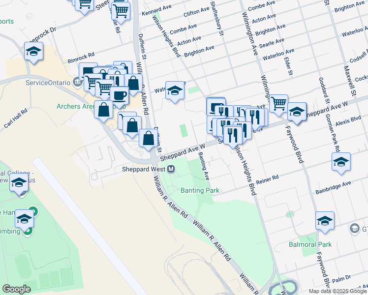 map of restaurants, bars, coffee shops, grocery stores, and more near 1030 Sheppard Avenue West in Toronto