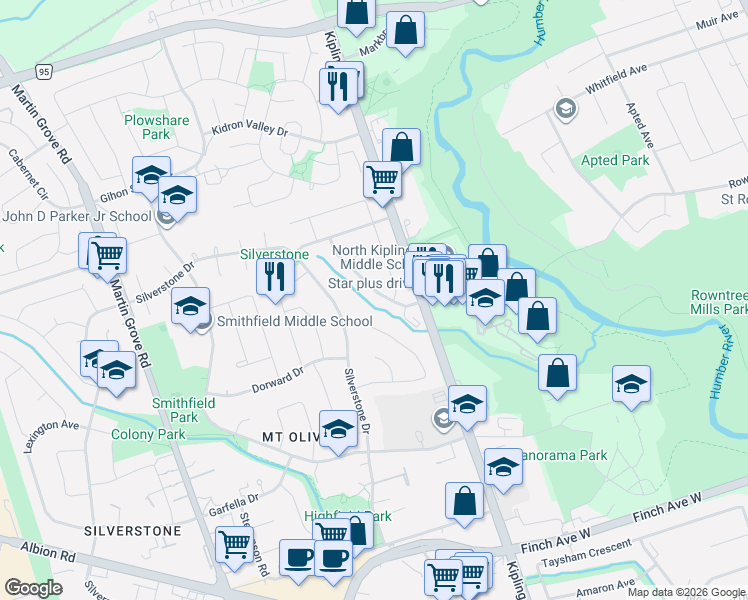 map of restaurants, bars, coffee shops, grocery stores, and more near 26 Annabelle Drive in Toronto