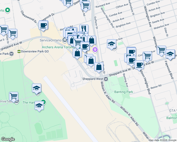 map of restaurants, bars, coffee shops, grocery stores, and more near 55 De Boers Drive in Toronto