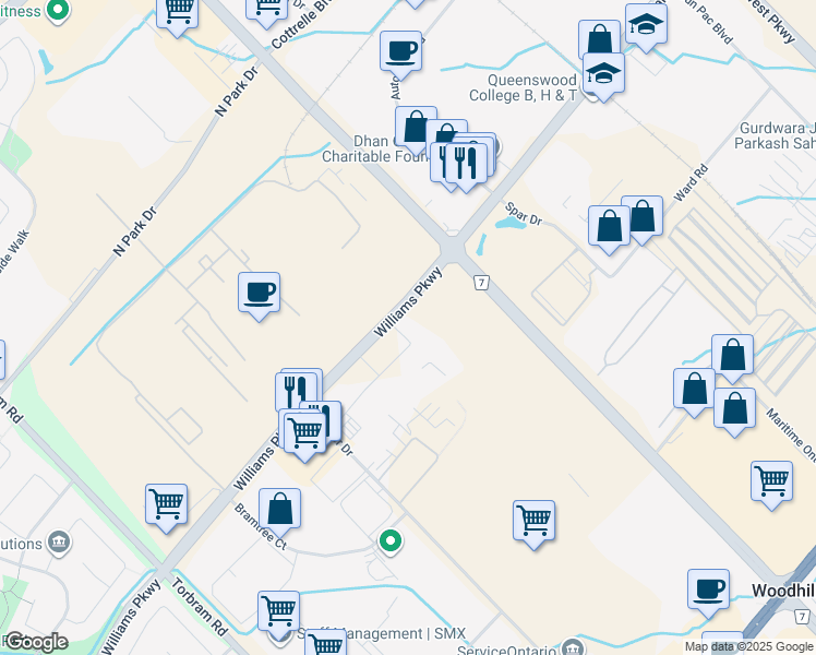 map of restaurants, bars, coffee shops, grocery stores, and more near 1975 Williams Parkway in Brampton