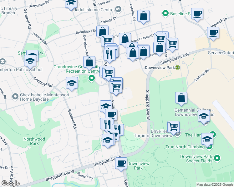 map of restaurants, bars, coffee shops, grocery stores, and more near 3585 Keele Street in Toronto