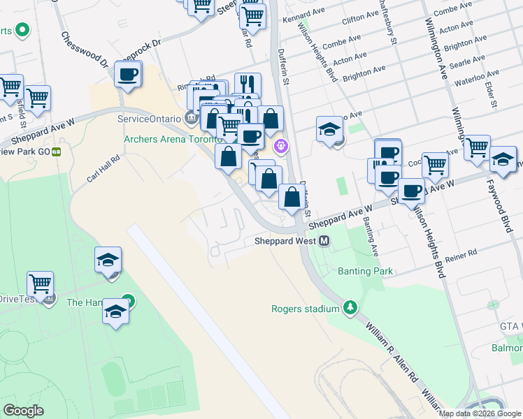 map of restaurants, bars, coffee shops, grocery stores, and more near 2269 Lake Shore Boulevard West in Toronto