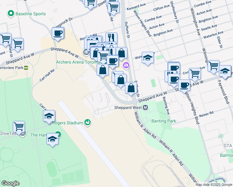 map of restaurants, bars, coffee shops, grocery stores, and more near 55 De Boers Drive in Toronto