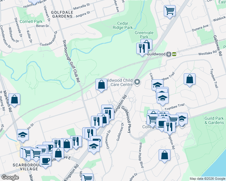 map of restaurants, bars, coffee shops, grocery stores, and more near 2 Senator Boulevard in Toronto
