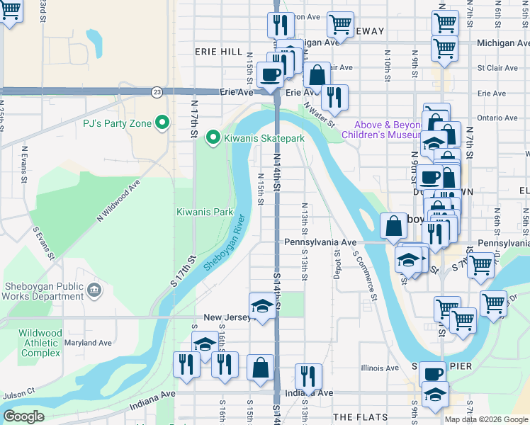 map of restaurants, bars, coffee shops, grocery stores, and more near 1418 Center Avenue in Sheboygan