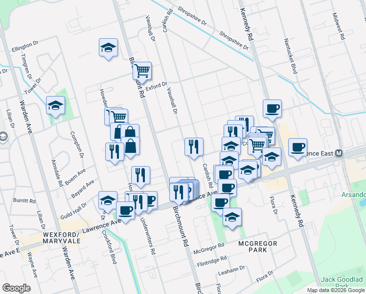 map of restaurants, bars, coffee shops, grocery stores, and more near in Toronto