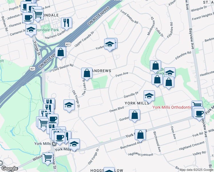 map of restaurants, bars, coffee shops, grocery stores, and more near 282 Upper Highland Crescent in Toronto