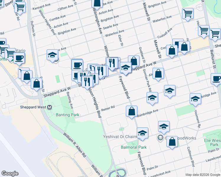 map of restaurants, bars, coffee shops, grocery stores, and more near in Toronto