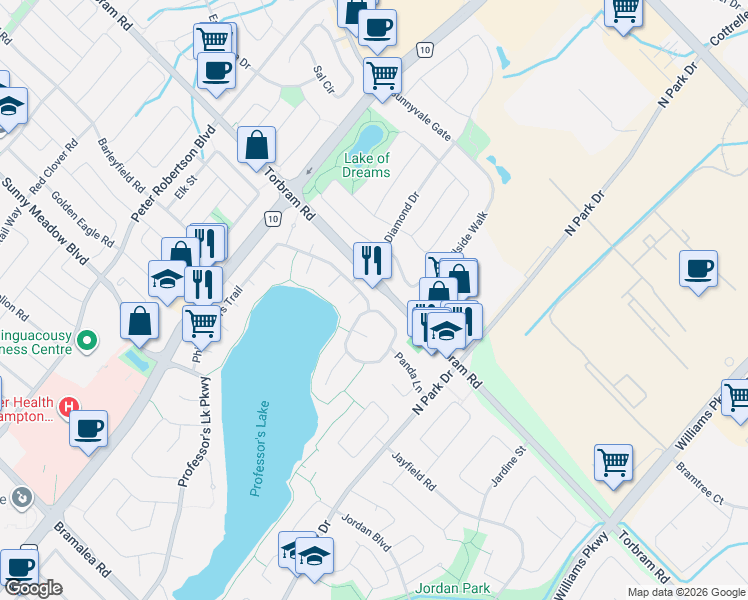 map of restaurants, bars, coffee shops, grocery stores, and more near 124 Philosophers Trail in Brampton