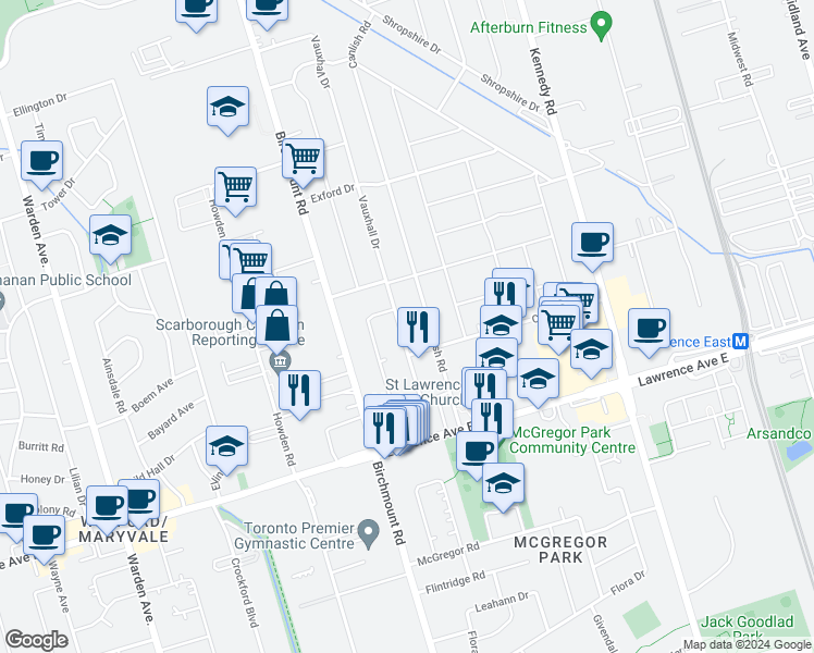 map of restaurants, bars, coffee shops, grocery stores, and more near 35 Vauxhall Drive in Toronto