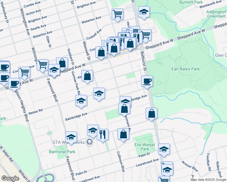map of restaurants, bars, coffee shops, grocery stores, and more near 69 Reiner Road in Toronto