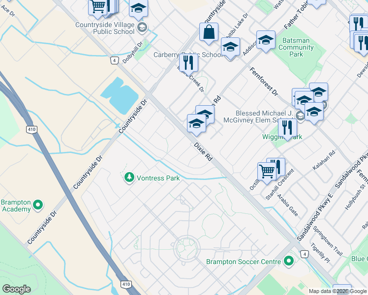 map of restaurants, bars, coffee shops, grocery stores, and more near 44 Seedland Crescent in Brampton