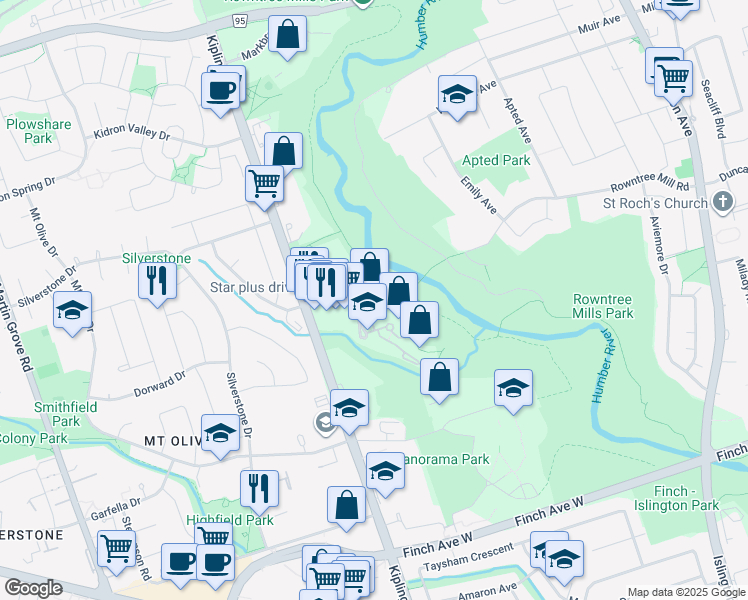 map of restaurants, bars, coffee shops, grocery stores, and more near 1 Rowntree Road in Toronto