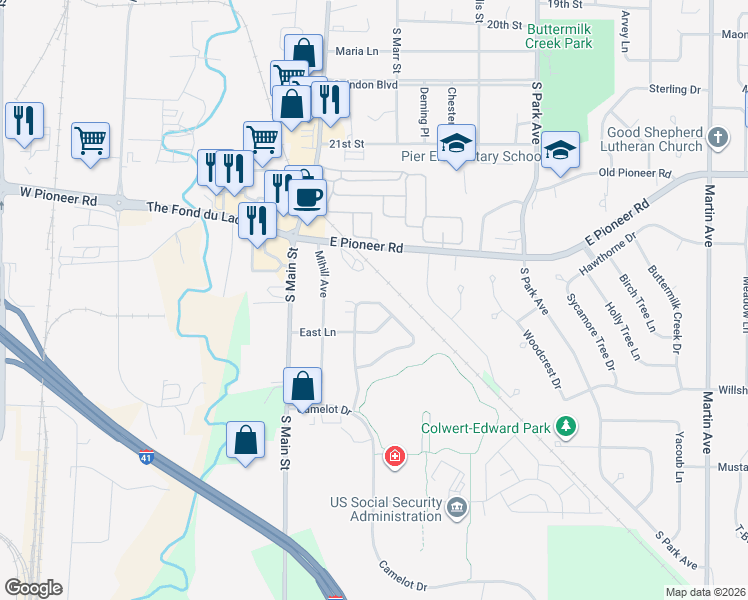 map of restaurants, bars, coffee shops, grocery stores, and more near 80 Southlake Circle in Fond du Lac