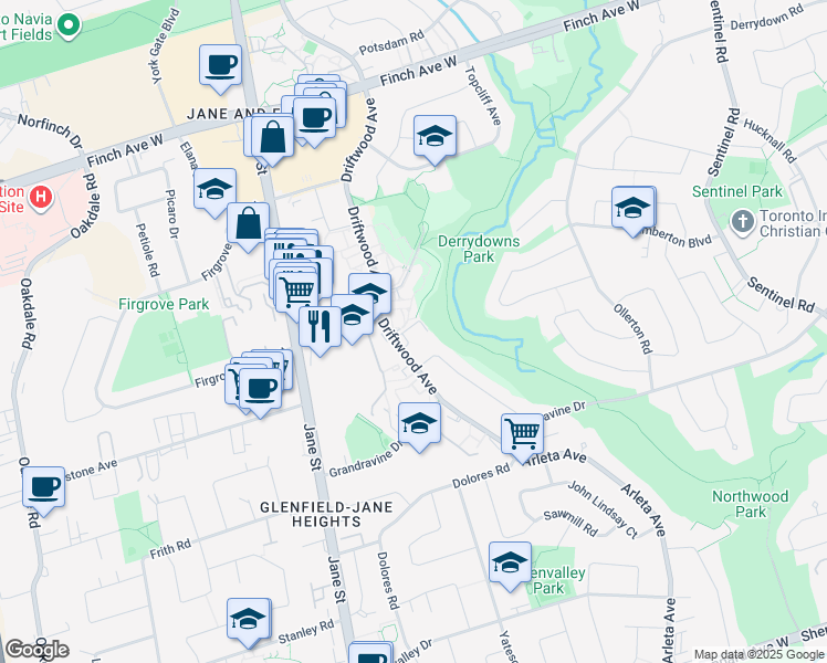 map of restaurants, bars, coffee shops, grocery stores, and more near 45 Driftwood Avenue in Toronto