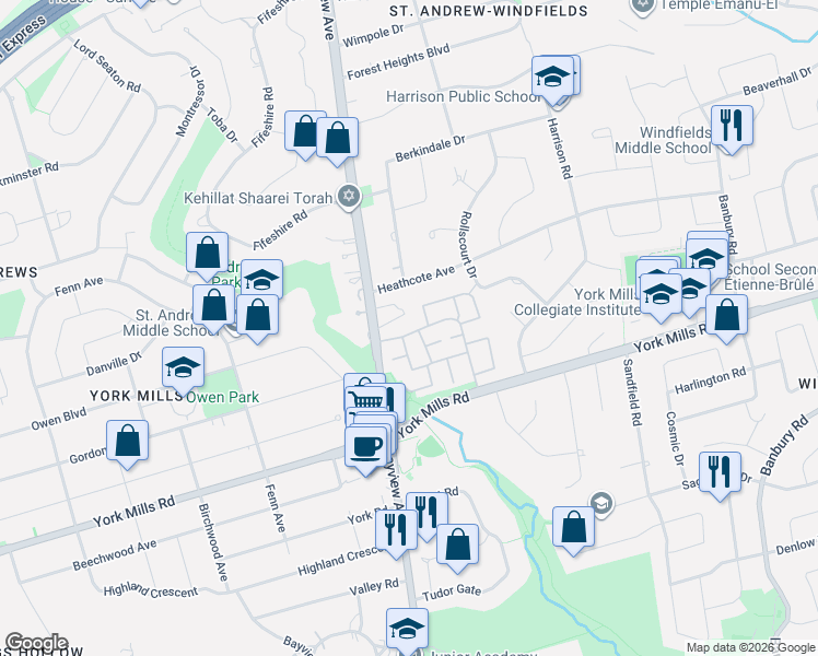 map of restaurants, bars, coffee shops, grocery stores, and more near 115 Scenic Mill Way in Toronto