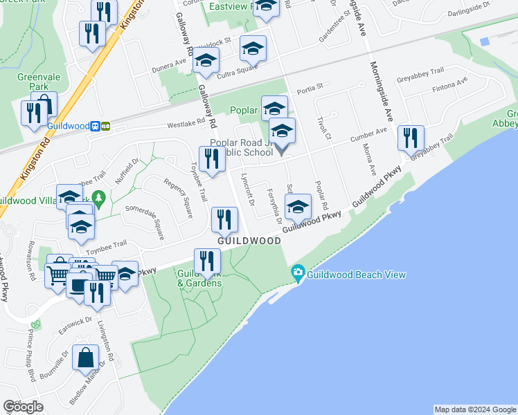map of restaurants, bars, coffee shops, grocery stores, and more near 25 Lyncroft Drive in Toronto