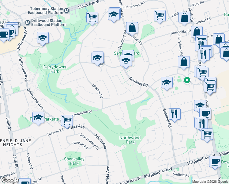map of restaurants, bars, coffee shops, grocery stores, and more near 46 Clayhall Crescent in Toronto