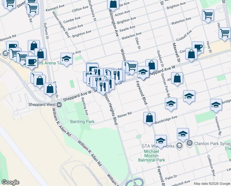 map of restaurants, bars, coffee shops, grocery stores, and more near 28 Dunsmore Gardens in Toronto