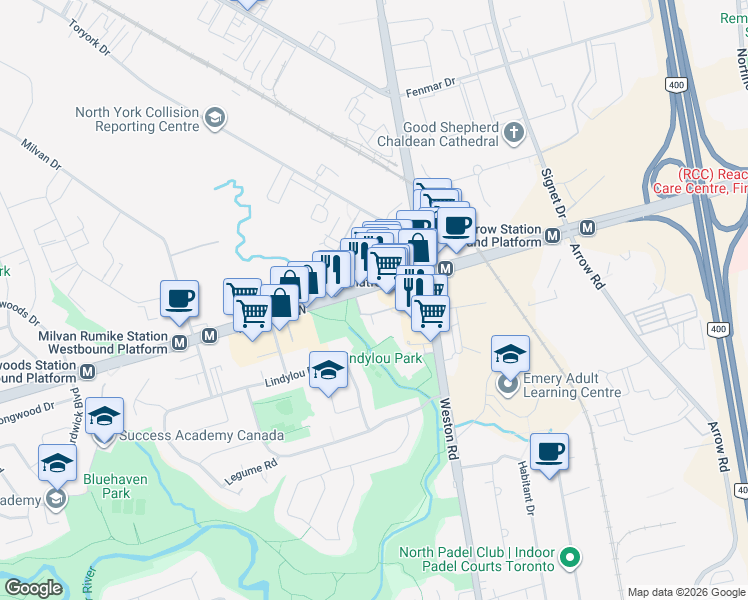 map of restaurants, bars, coffee shops, grocery stores, and more near 2397 Finch Avenue West in Toronto