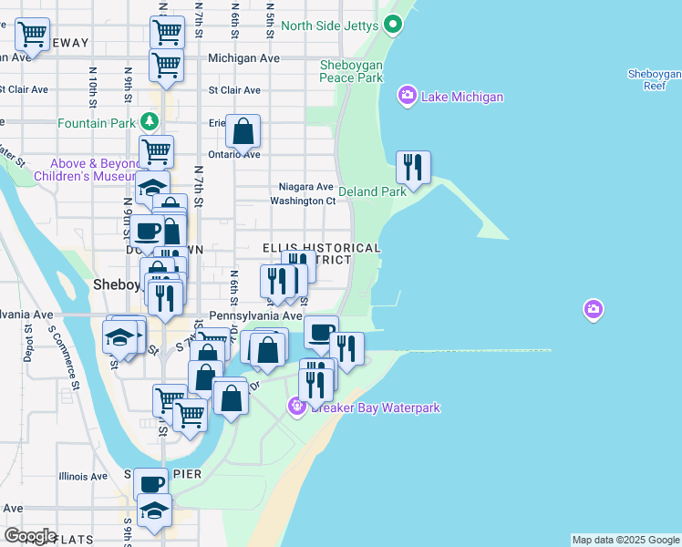 map of restaurants, bars, coffee shops, grocery stores, and more near 304 Center Avenue in Sheboygan
