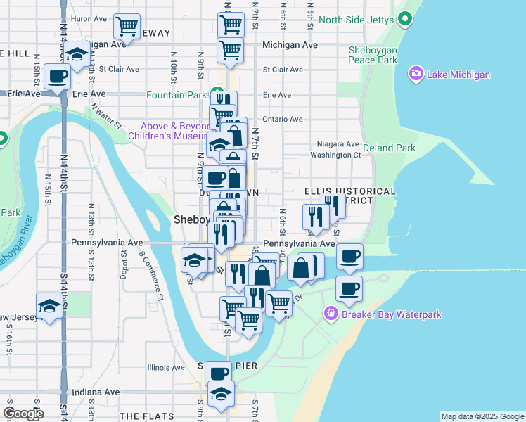 map of restaurants, bars, coffee shops, grocery stores, and more near in Sheboygan
