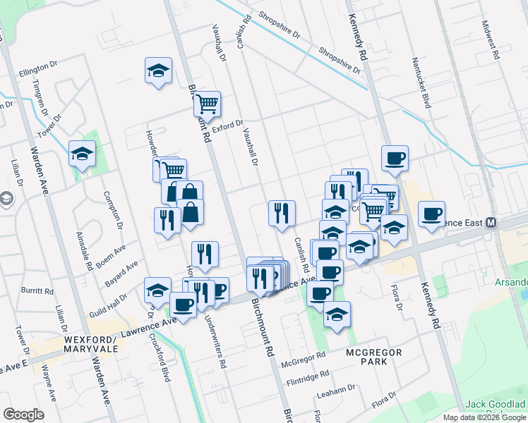 map of restaurants, bars, coffee shops, grocery stores, and more near 38 Vauxhall Drive in Toronto