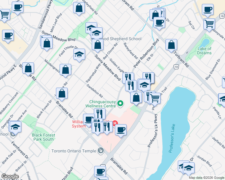 map of restaurants, bars, coffee shops, grocery stores, and more near 24 Field Sparrow Road in Brampton