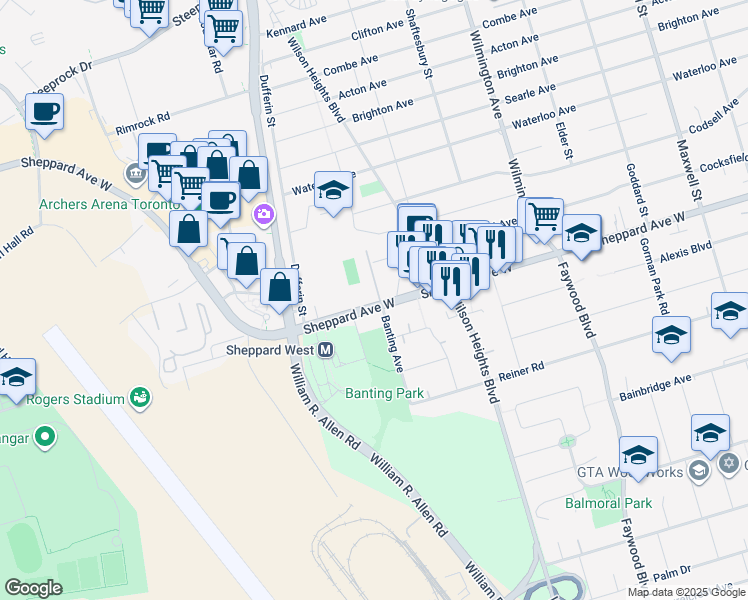 map of restaurants, bars, coffee shops, grocery stores, and more near 1000 Sheppard Avenue West in Toronto