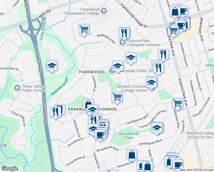 map of restaurants, bars, coffee shops, grocery stores, and more near 31 Shawfield Crescent in Toronto