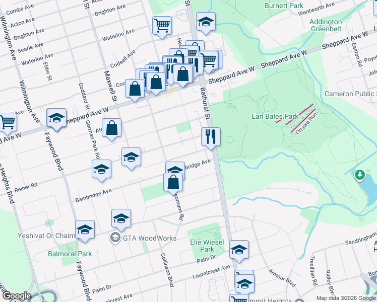 map of restaurants, bars, coffee shops, grocery stores, and more near 24 Verwood Avenue in Toronto