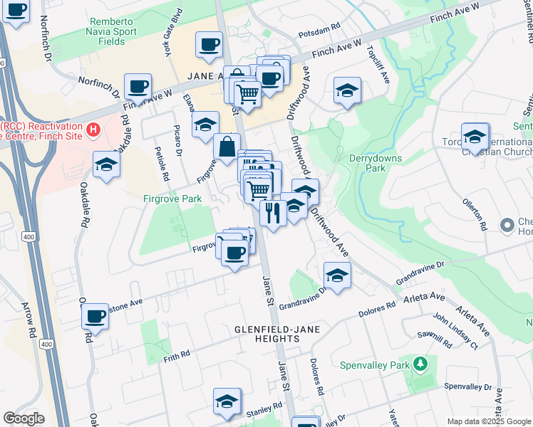 map of restaurants, bars, coffee shops, grocery stores, and more near 2839 Jane Street in Toronto