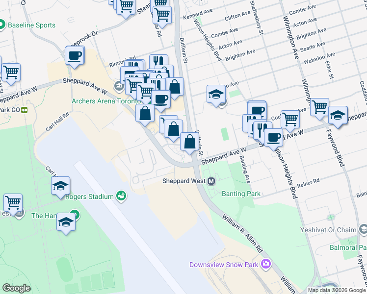 map of restaurants, bars, coffee shops, grocery stores, and more near 1 De Boers Drive in Toronto
