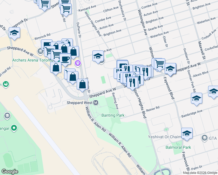 map of restaurants, bars, coffee shops, grocery stores, and more near in Toronto