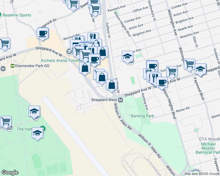 map of restaurants, bars, coffee shops, grocery stores, and more near 1 De Boers Drive in Toronto