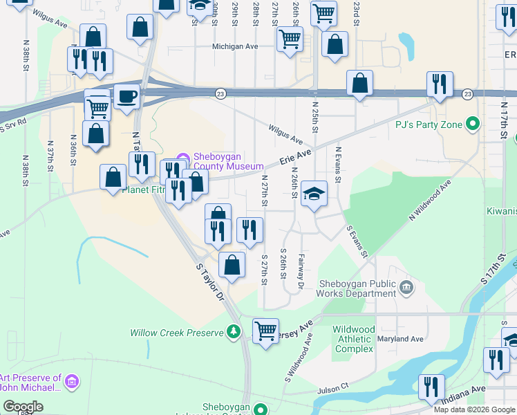 map of restaurants, bars, coffee shops, grocery stores, and more near 627 North 27th Street in Sheboygan