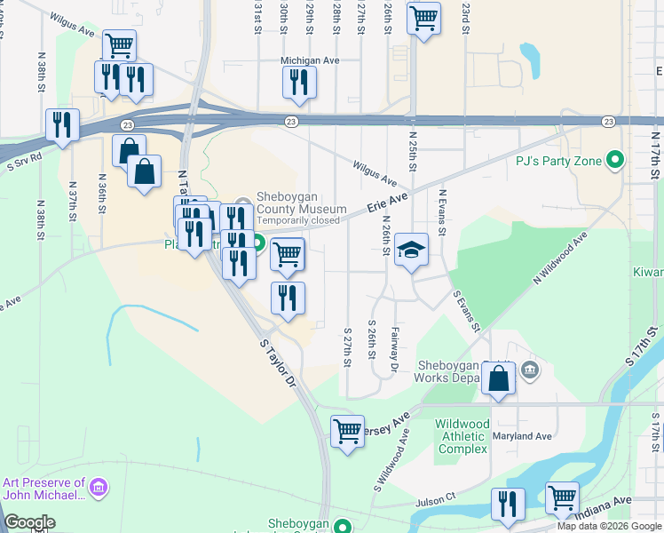 map of restaurants, bars, coffee shops, grocery stores, and more near 629 North 28th Street in Sheboygan