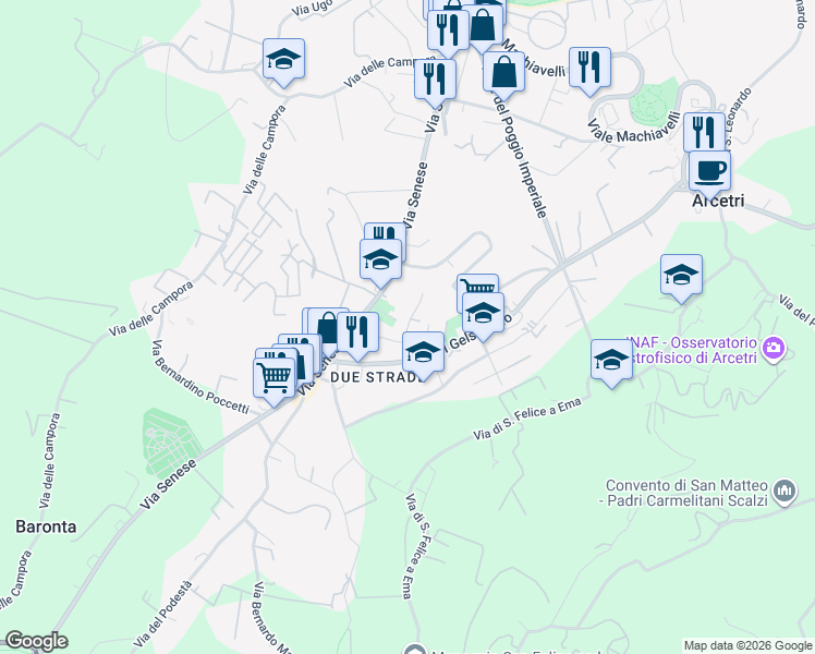 map of restaurants, bars, coffee shops, grocery stores, and more near Via Giovanni Alfonso Borelli in Florence