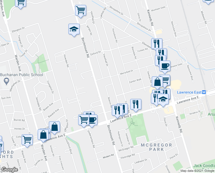 map of restaurants, bars, coffee shops, grocery stores, and more near 47 Beacon Road in Toronto