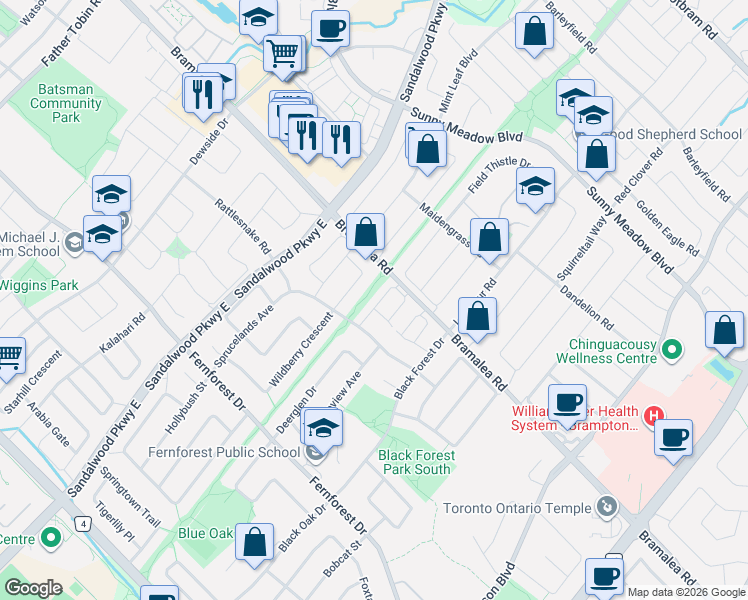 map of restaurants, bars, coffee shops, grocery stores, and more near 30 Wickstead Court in Brampton