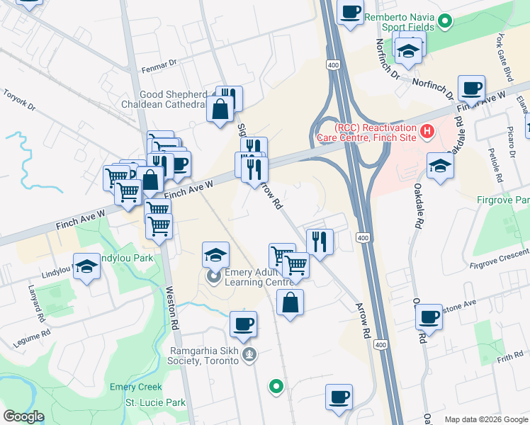 map of restaurants, bars, coffee shops, grocery stores, and more near 1100 Arrow Road in Toronto