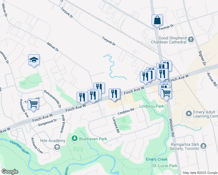 map of restaurants, bars, coffee shops, grocery stores, and more near in Toronto