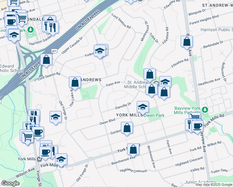 map of restaurants, bars, coffee shops, grocery stores, and more near 35 Foursome Crescent in Toronto