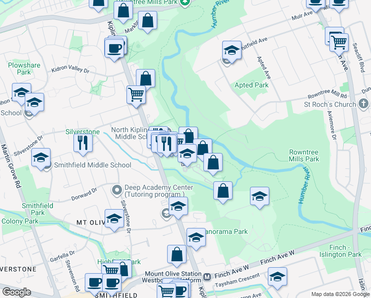 map of restaurants, bars, coffee shops, grocery stores, and more near 1 Rowntree Road in Toronto