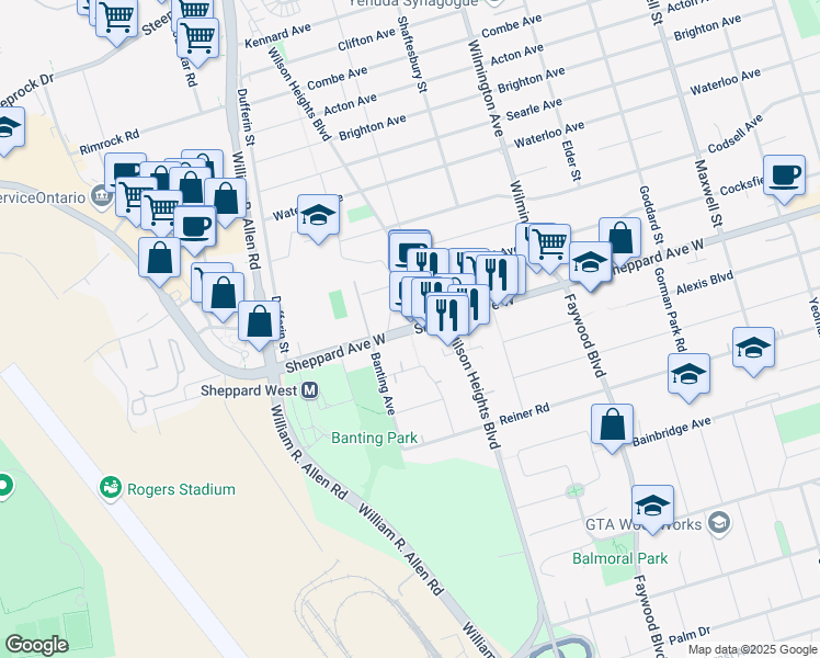 map of restaurants, bars, coffee shops, grocery stores, and more near in Toronto