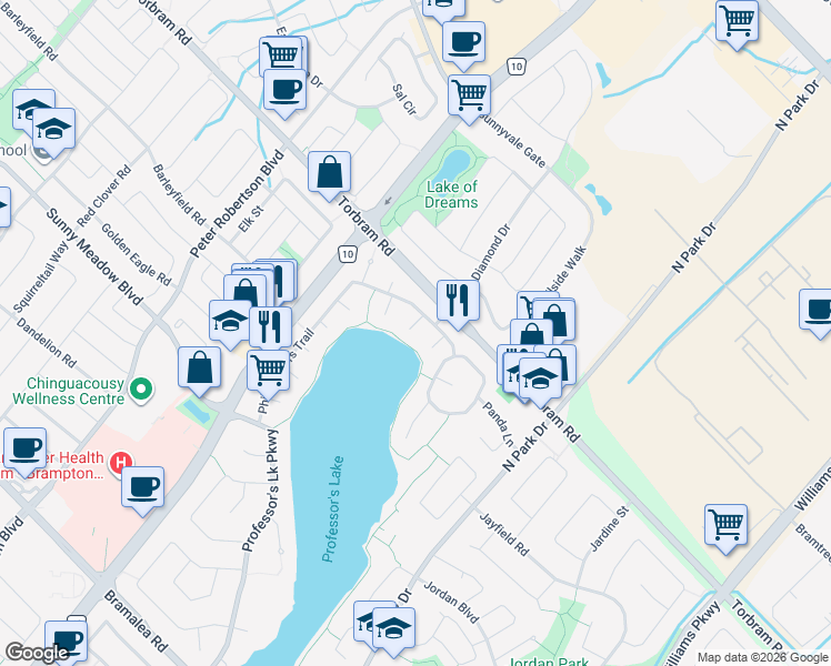 map of restaurants, bars, coffee shops, grocery stores, and more near 22 Priscilla Court in Brampton