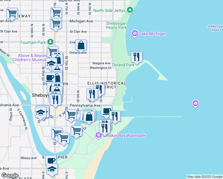 map of restaurants, bars, coffee shops, grocery stores, and more near 304 New York Avenue in Sheboygan