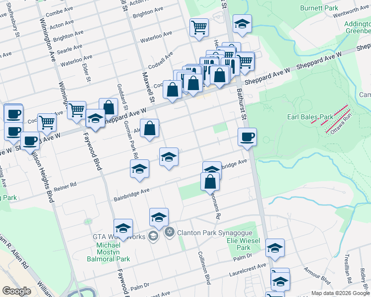 map of restaurants, bars, coffee shops, grocery stores, and more near 74 Reiner Road in Toronto